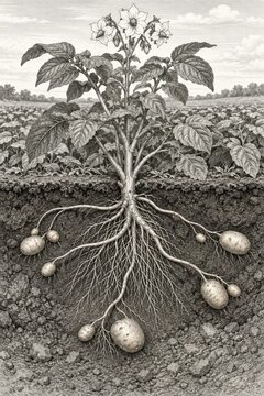 Potato plant and underground tubers in a botanical drawing