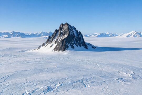 Isolated rocky summit rising through a vast snowfield