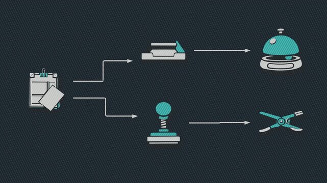 A permit packet enters intake, receives a receipt stamp, and branches into separate filing paths. Flat 3D style with a printed line screen.