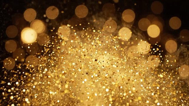 Gold dust particles fly in slow motion creating highlights in the air