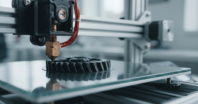 3D printing nozzle extruding plastic material layer by layer onto build plate in workshop, rapid prototyping concept.