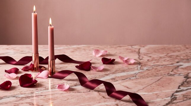 Two lit taper candles with rose petals and ribbon on a marble surface