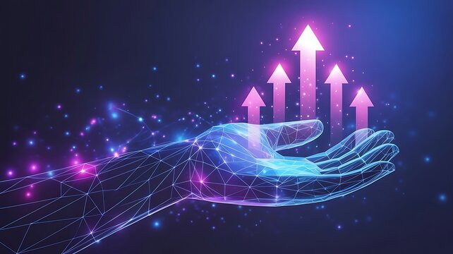 Digital of a glowing wireframe hand reaching upwards with floating neon arrows representing business growth and technological success