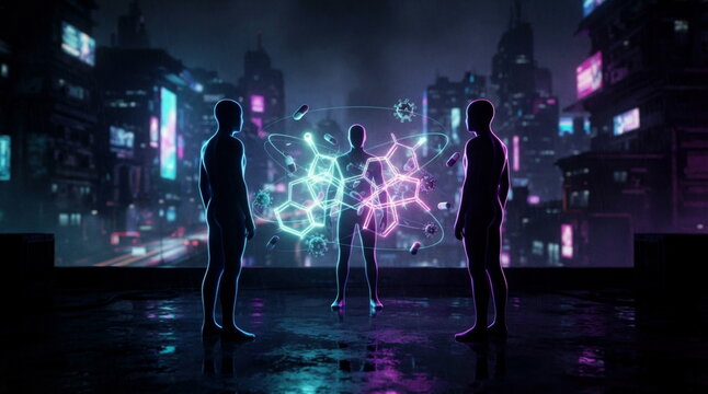 Neon social health concept with three silhouettes linked by glowing chemical lattices, floating capsules, and virus particles in a dark city haze.