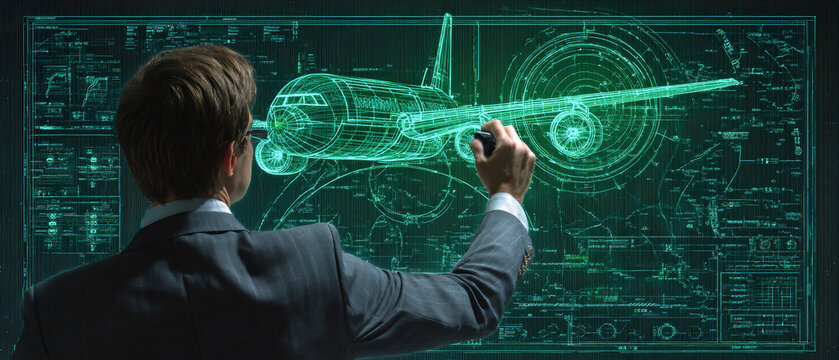 A person in a suit draws an airplane using a digital interface. The setting shows a technical background with detailed schematics and data