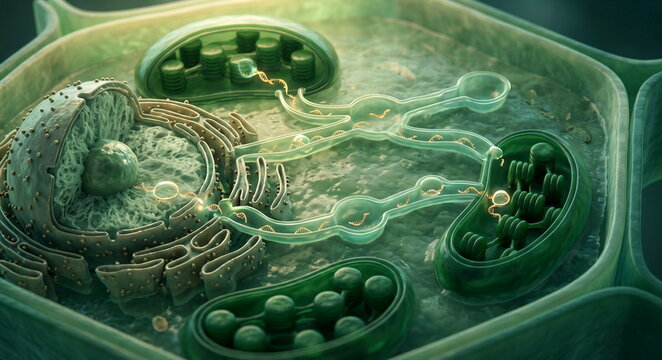 Plant cell cutaway with nucleus, chloroplasts, DNA transfer routes, ribosomes, and transcription bubbles showing gene exchange