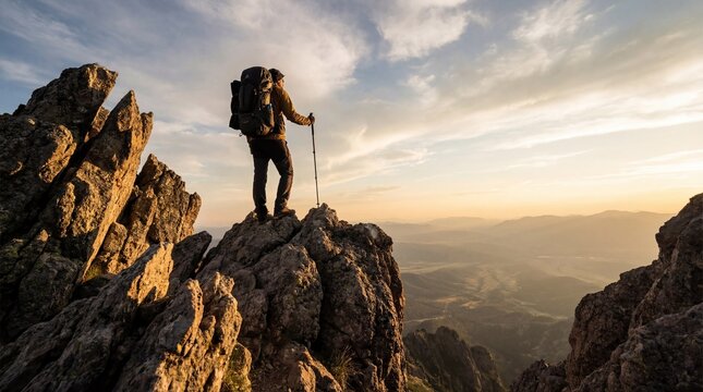 A lone hiker stands on a rocky summit, gazing at the vast, sun-drenched landscape below