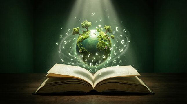 Conceptual Image of a Glowing Earth Globe Emerging from an Open Book Representing Global Knowledge and Environmental Wisdom