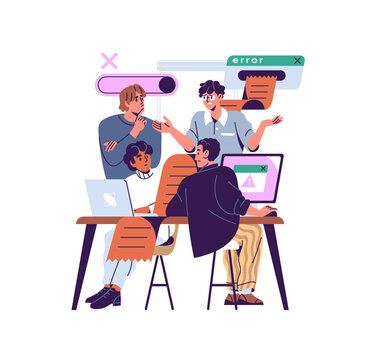 Team of quality assurance engineers solves system errors. Process of work failures solution. Warning of business failures on laptop. Crash of system. Testing of computer security with teamwork