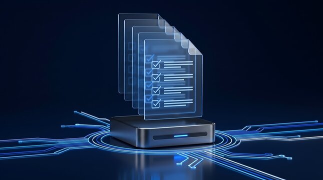 Digital data management concept holographic documents with checkboxes on a futuristic server device with glowing blue circuit lines on dark background