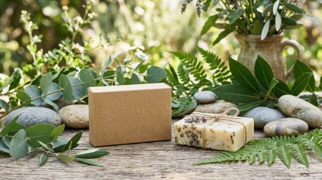 A block of soap with a natural, organic label, surrounded by greenery and rocks on a wooden surface.