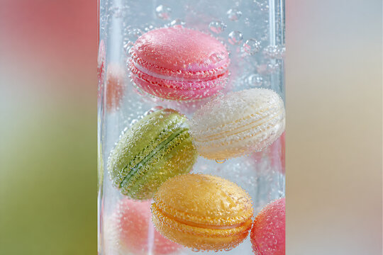 Colorful macarons are suspended in a clear glass of water against a soft, blurred background.
