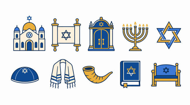 Colorful Jewish Religious Symbols and Icons Collection.