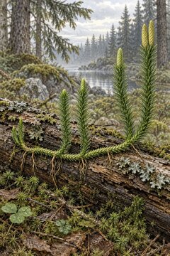 Upright clubmoss shoots on a fallen woodland log