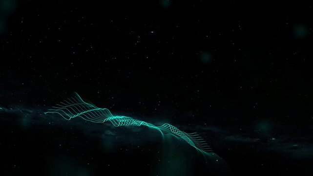 Digital waveform animation flows with glowing stardust nodes. High frequency audio acoustic telemetry routes on waveform. Abstract sound vibration depth defines the waveform.