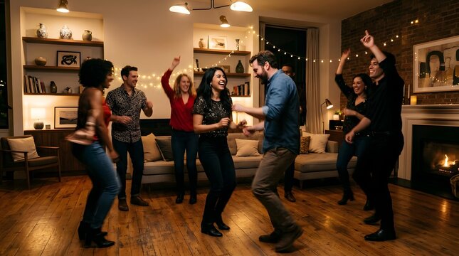 Group of happy young friends dancing together in a cozy living room