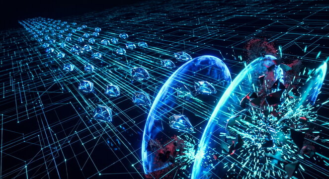 Autonomous ai agent swarm moving through a data lattice as shield arcs and risk scans intercept malicious packets in a dark cyan cyber defense system.