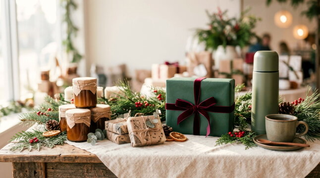 Curated holiday gift table with artisanal candles, wrapped soap bars, ribbon-tied box, thermos of tea, and seasonal greenery.