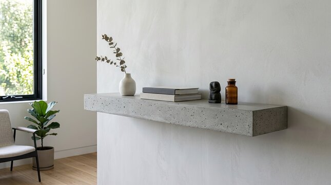 A minimalist concrete floating shelf with a plant and a few decorative items on a white wall.