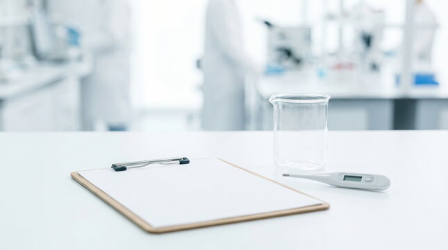 Laboratory tools: clipboard, beaker, digital thermometer on clean white surface, medical research and healthcare diagnostics