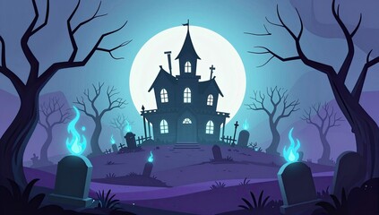 Obraz premium Spooky Haunted Mansion in a Dark Graveyard under a Large Full Moon with Blue Ghostly Flames and Silhouetted Bare Trees in a Mystical Night Landscape Illustration