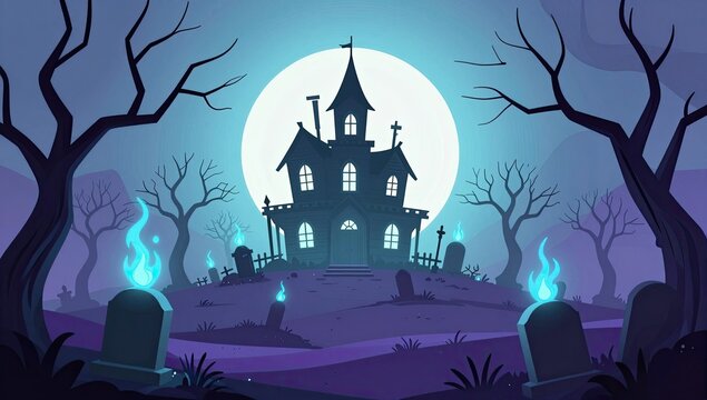 Spooky Haunted Mansion in a Dark Graveyard under a Large Full Moon with Blue Ghostly Flames and Silhouetted Bare Trees in a Mystical Night Landscape Illustration