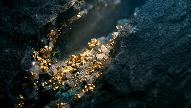 Raw gold nuggets and sparkling crystals embedded in dark rock formation, precious metal mining and resource wealth concept.