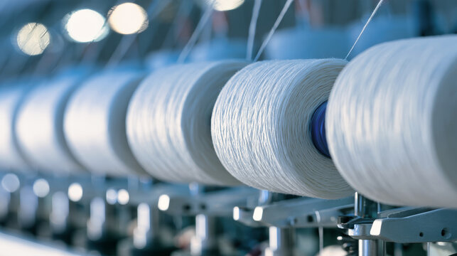 A close-up view shows a row of white thread spools spinning on a high-speed loom in a garment factory. The focus is on a single spool with a blue