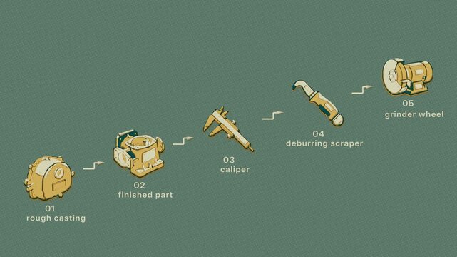 Casting moves through measurement, deburring, and grinding toward a finished part within tolerance. Flat 3D style with smooth matte surfaces; objects numbered and labelled in English.