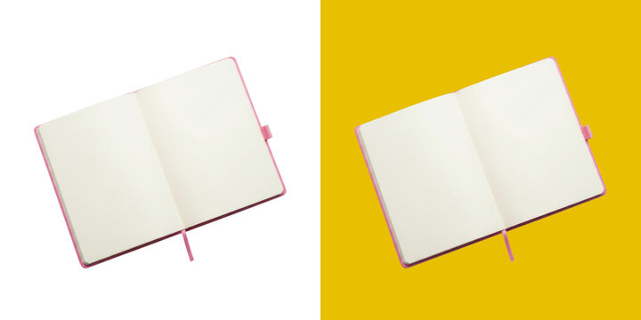 Open blank pink notebook journal with bookmark on split background transparent png