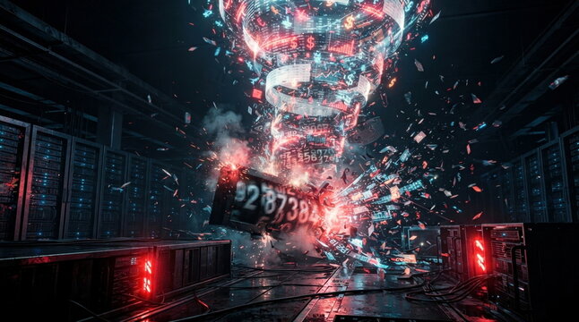 Runaway cloud billing error with a broken usage counter, expanding data packets, server racks, and a rising billing spiral.