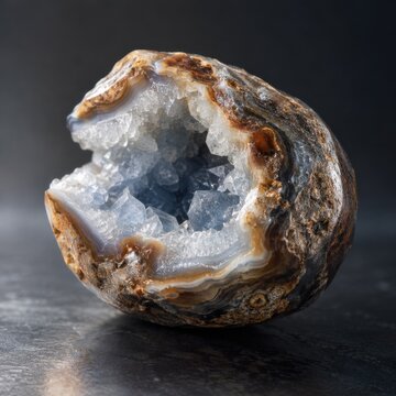 Opened geode with pale blue crystals on a dark surface