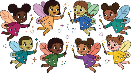 Obraz premium Cute Diverse Little Fairies and Pixies Flying with Magic Wands Vector Illustration Set with Happy Multicultural Magical Boys and Girls Having Fluttering Wings