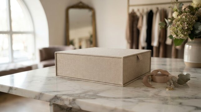 A beige linen box with a ribbon and a small bouquet of flowers on a marble table in a well-lit room with a mirror and a window.