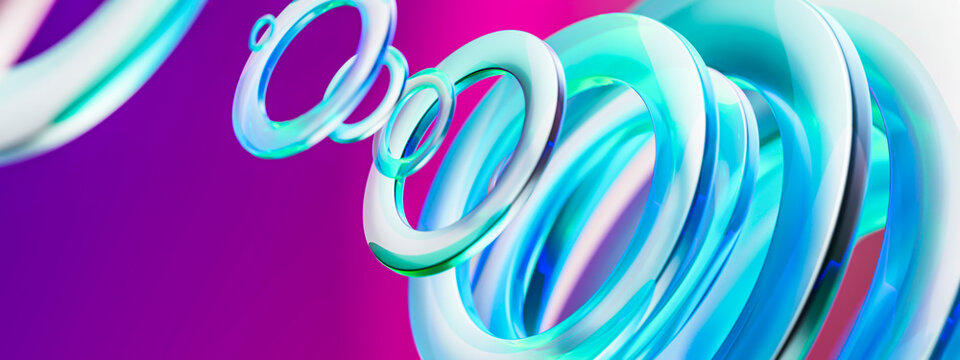 Aqua glass ring cascade 3D background with magenta copy space