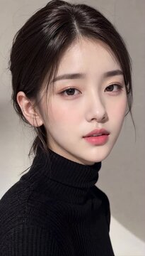 Korean Young Woman Portrait with Beautiful Eyes and Natural Makeup, Elegant Fashion Model with Serious Expression in Studio Lighting and Glamour Beauty Style