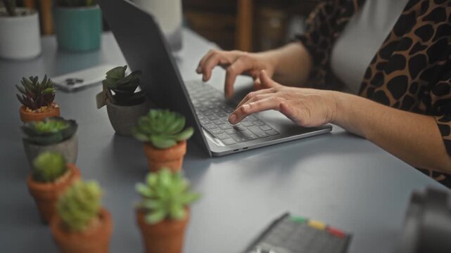 Woman hands typing on laptop beside small terracotta potted succulents on a checkout counter inside a building; small business focus.