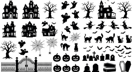 Plakat Halloween silhouette collection with haunted houses and spooky ghosts, black vector icons of pumpkins and bats, cemetery graveyard elements for holiday design