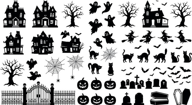 Halloween silhouette collection with haunted houses and spooky ghosts, black vector icons of pumpkins and bats, cemetery graveyard elements for holiday design