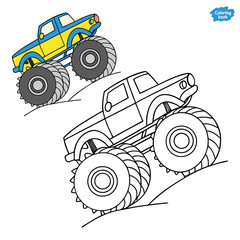 Cute Cartoon Monster Truck Coloring Page – Colorful and Black‑and‑White Vehicle Illustration for Kids Education and Creative Design Projects © Ashikuzzaman