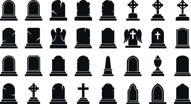 Gravestone silhouette icons set, 32 tombstone vector symbols for cemetery and funeral design, black headstone shapes with crosses and angel wings