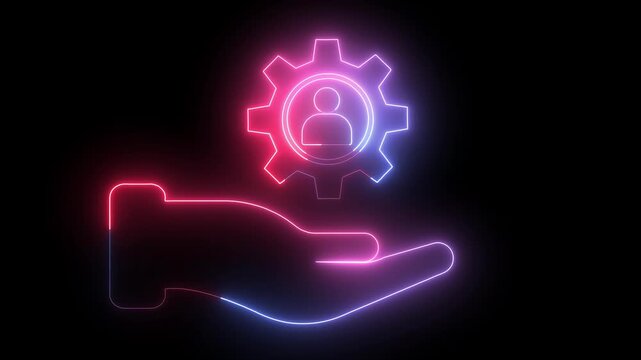 Hand holding gear animation displays a human icon in center on dark. Workforce labor operations guide hand holding gear. Industrial human management uses hand gear.