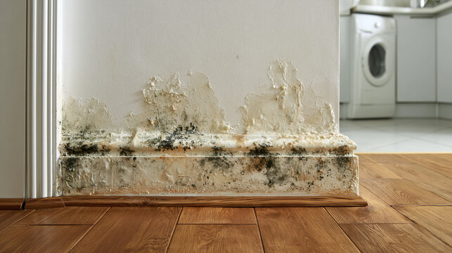 Severe mold growth and water damage peeling paint on a white interior wall in daylight. Ideal for home repair and dampness problems advertising.