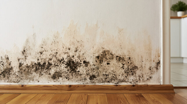 Black mold and water damage spreading across a white interior wall in natural daylight. Use this image for home renovation and property damage concepts.