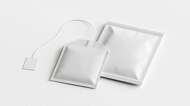 Blank white tea bag with tag and foil packet isolated on white background. Perfect for branding and packaging design presentations.