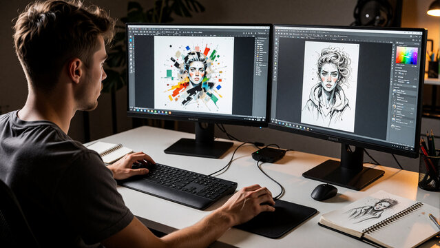 Graphic designer working on dual monitors in a modern creative workspace