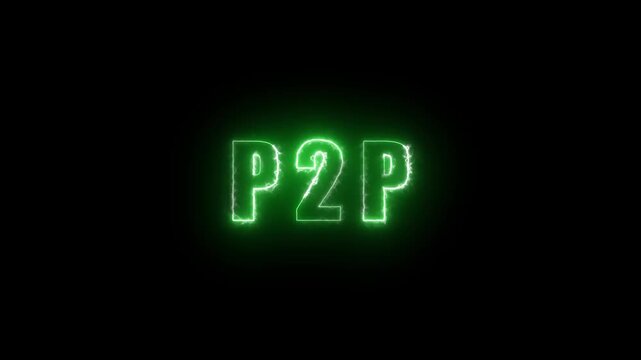 P2P text animation glows with peer to peer letters on dark smoke. Decentralized blockchain networks guide the P2P text. File sharing protocols use active P2P text.
