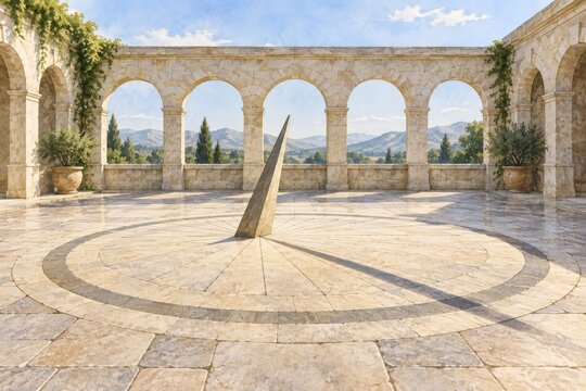 Large stone sundial in an arched courtyard
