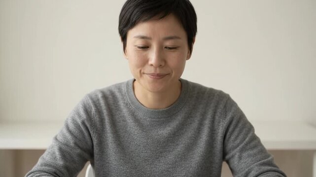 Woman Concentrating and Smiling While Looking Down