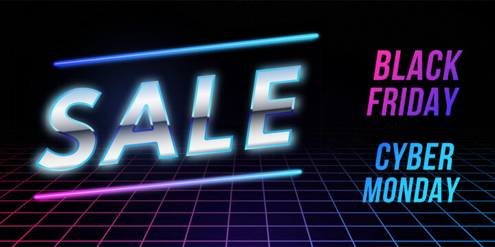 Neon sale sign with vibrant colors highlighting Black Friday and Cyber Monday deals